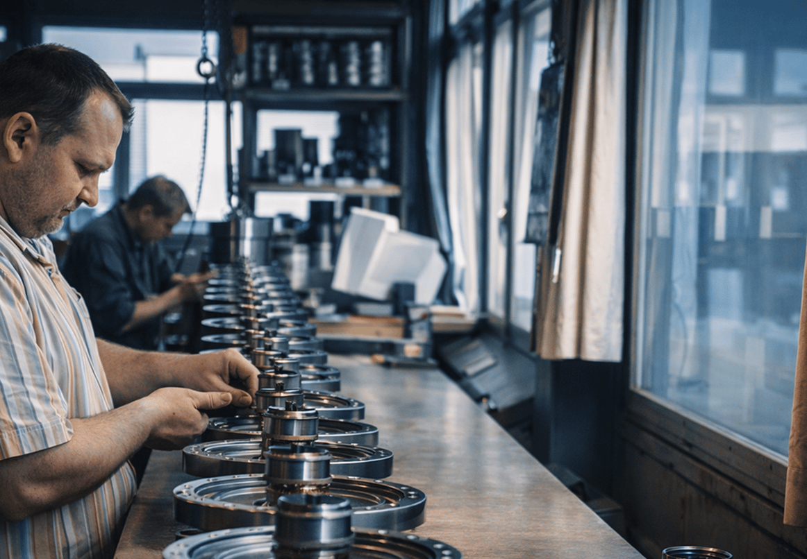 Mitarbeiter der AKIM AG beim zusammenbau eines Getriebes